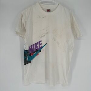 Vintage Nike T Shirt 90s Silver Red Tag Made USA Graphic White Distressed Large